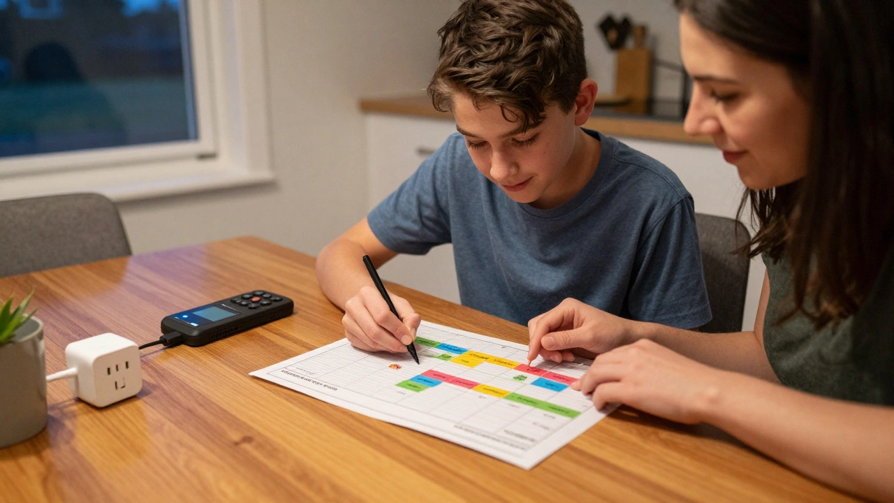 A parent and teen reviewing a printed sleep and gaming schedule together at the kitchen table.
