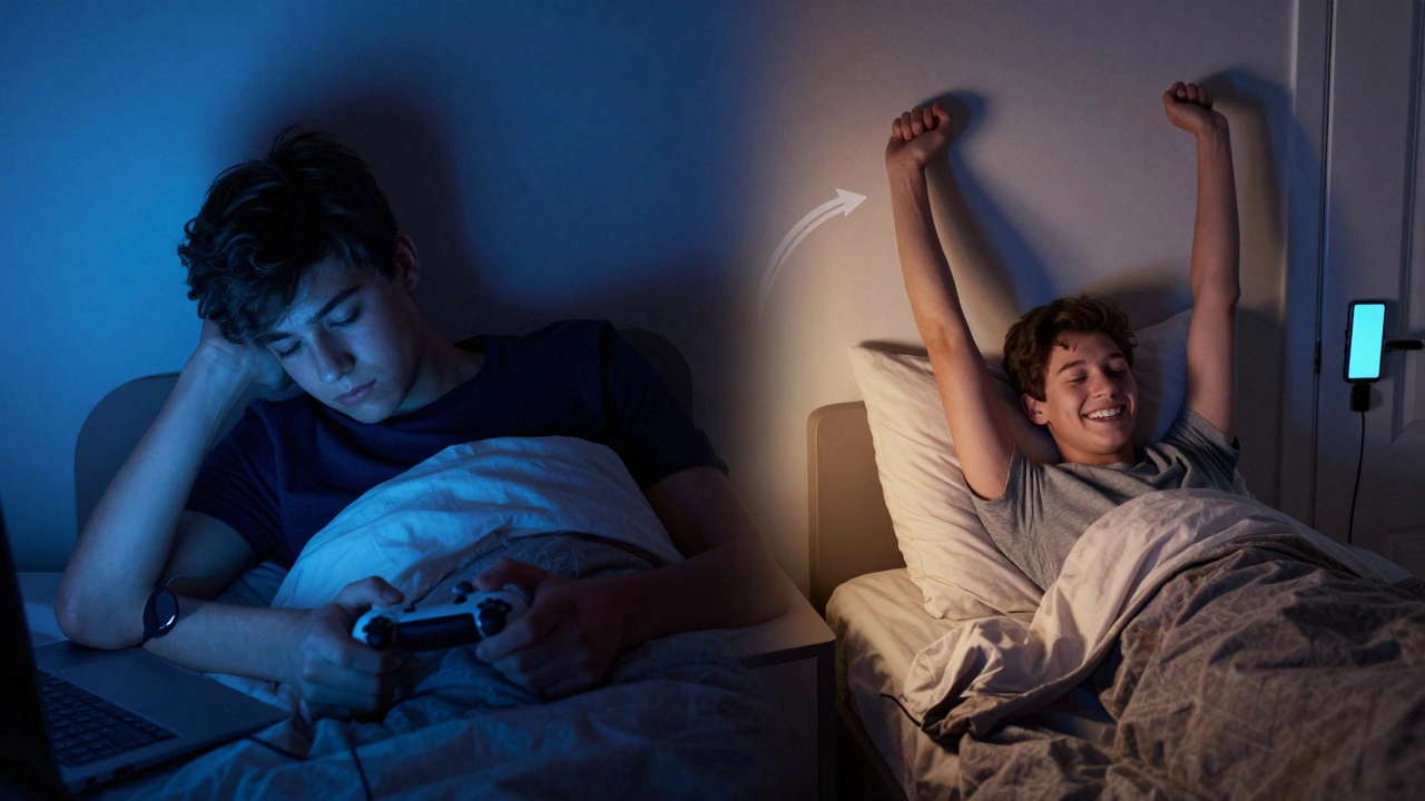 Split image: a tired teen gaming late at night versus the same teen peacefully asleep, showing contrast in routines.
