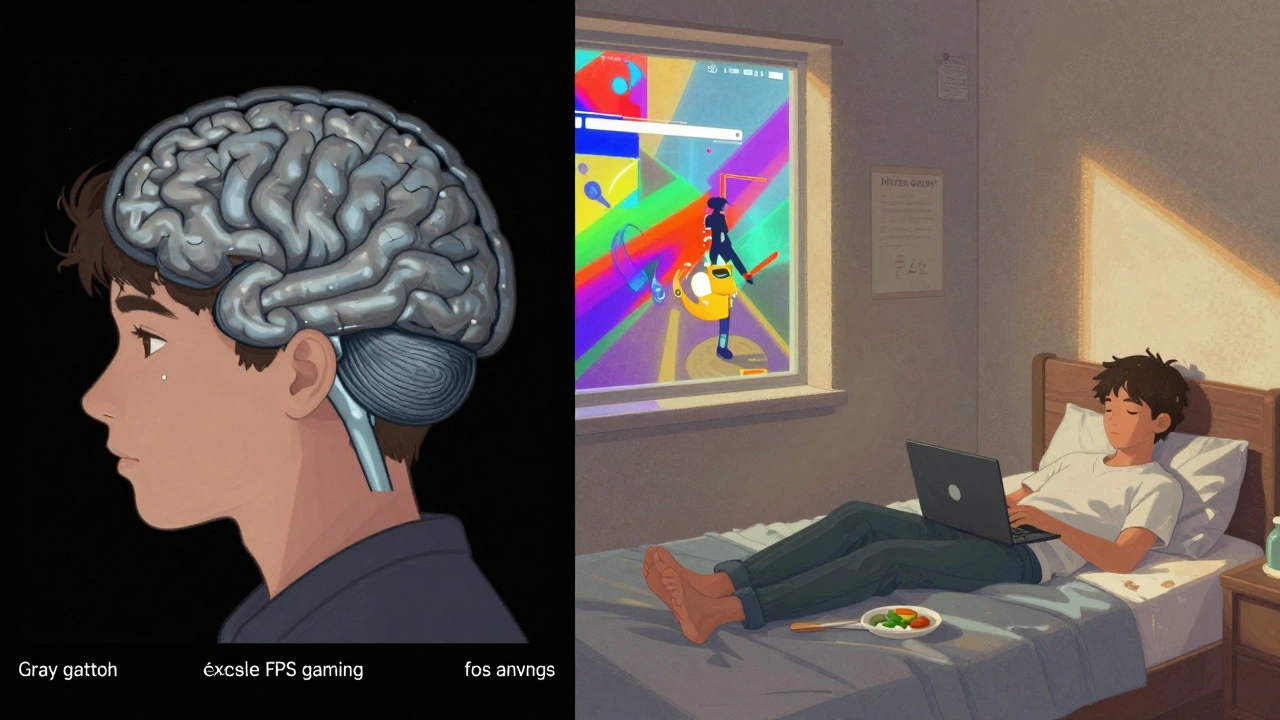 A brain scan showing reduced prefrontal cortex activity alongside a neglected daily life, symbolizing gaming's neurological impact.
