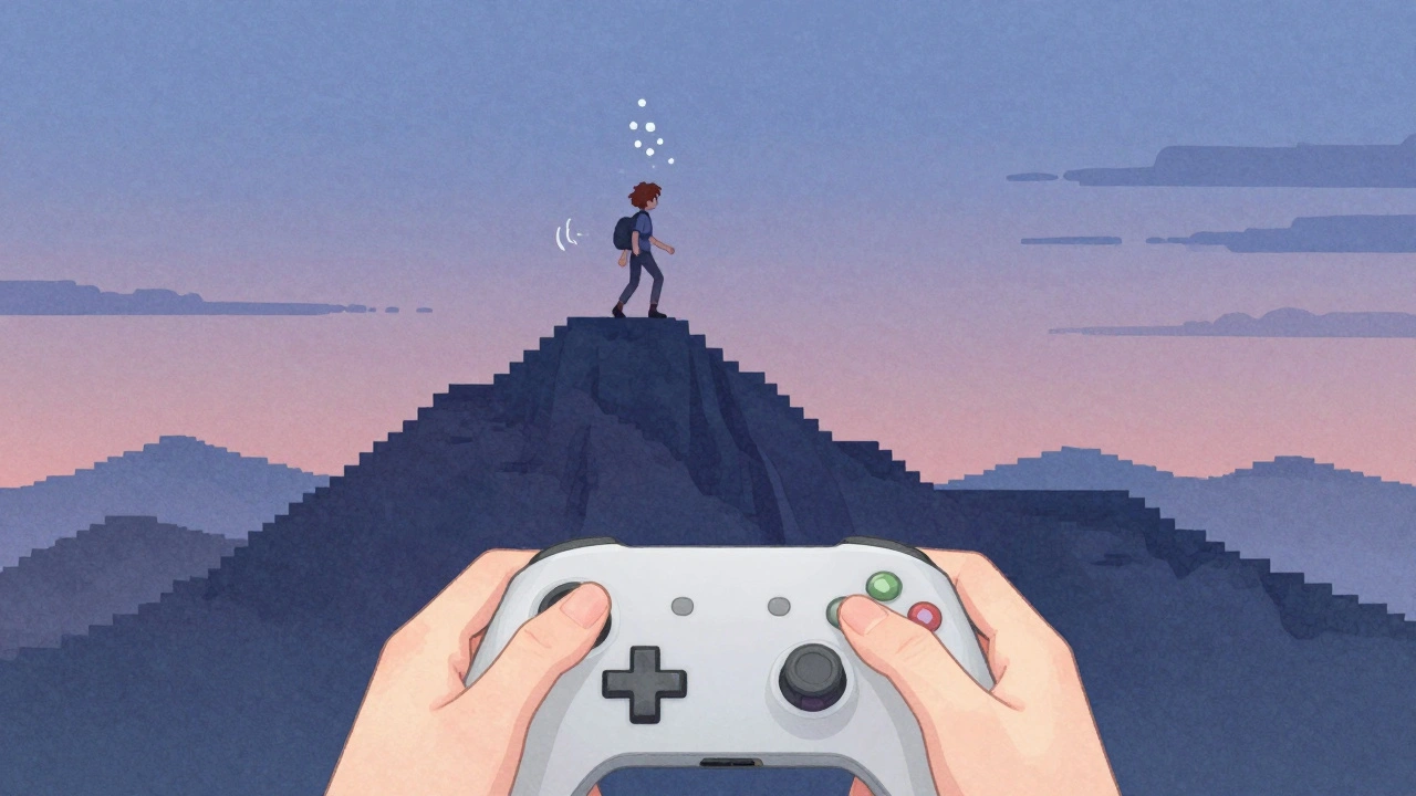 A character from Celeste climbing a mountain while translucent breath patterns rise, blending gameplay with mindful presence.