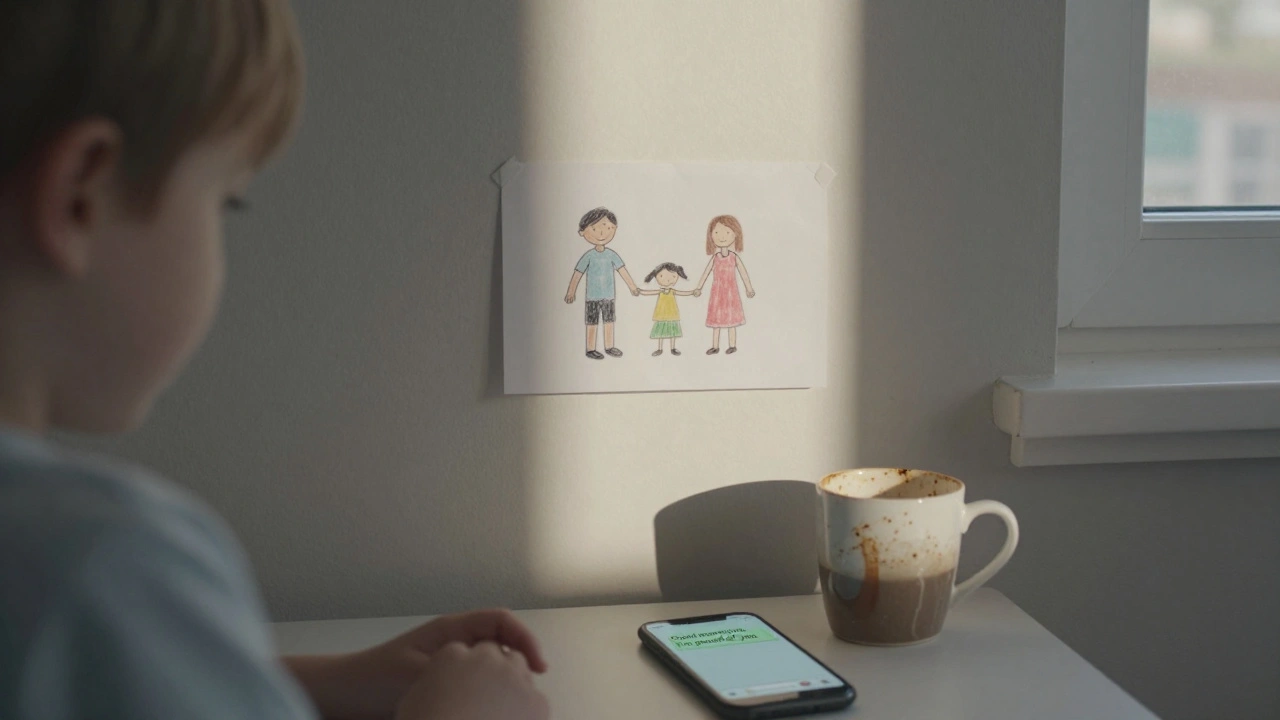 A child’s drawing of a family taped to the wall, sunlight shining on a phone with a morning message.