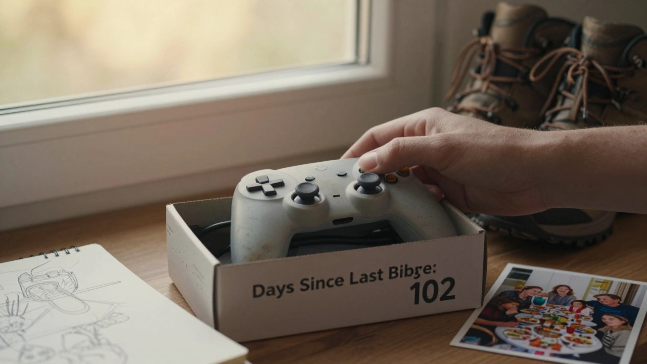 A controller being put away beside new hobbies like hiking boots and a sketchbook, symbolizing recovery.