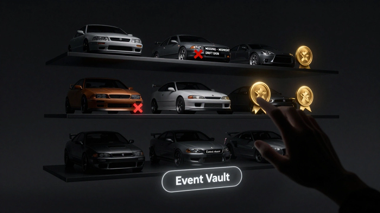 A digital garage showing a missing car with a red X beside glowing rewarded vehicles.