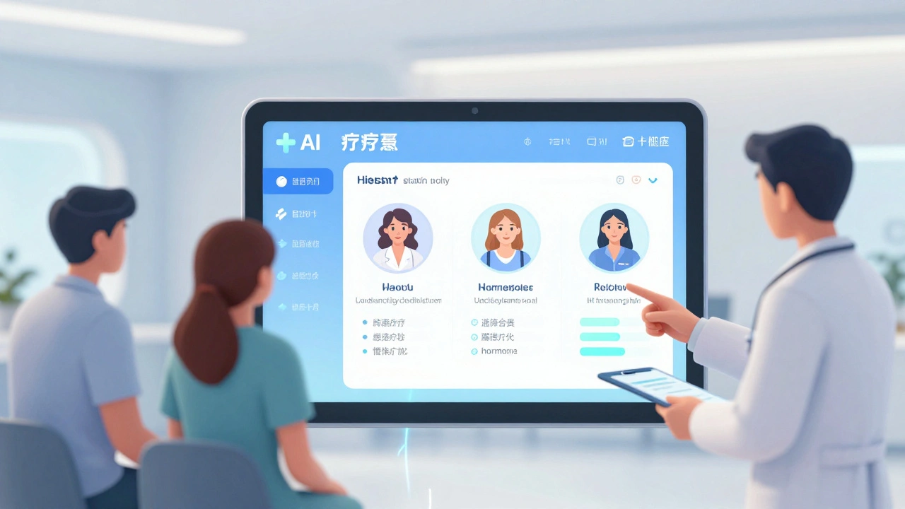 A doctor using an AI tablet to show personalized treatment plans for three patients with sex- and hormone-specific medication adjustments.