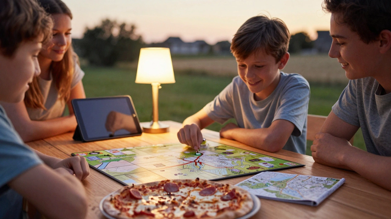A family plays a board game together at dusk, a tablet hidden away as warmth and connection return.