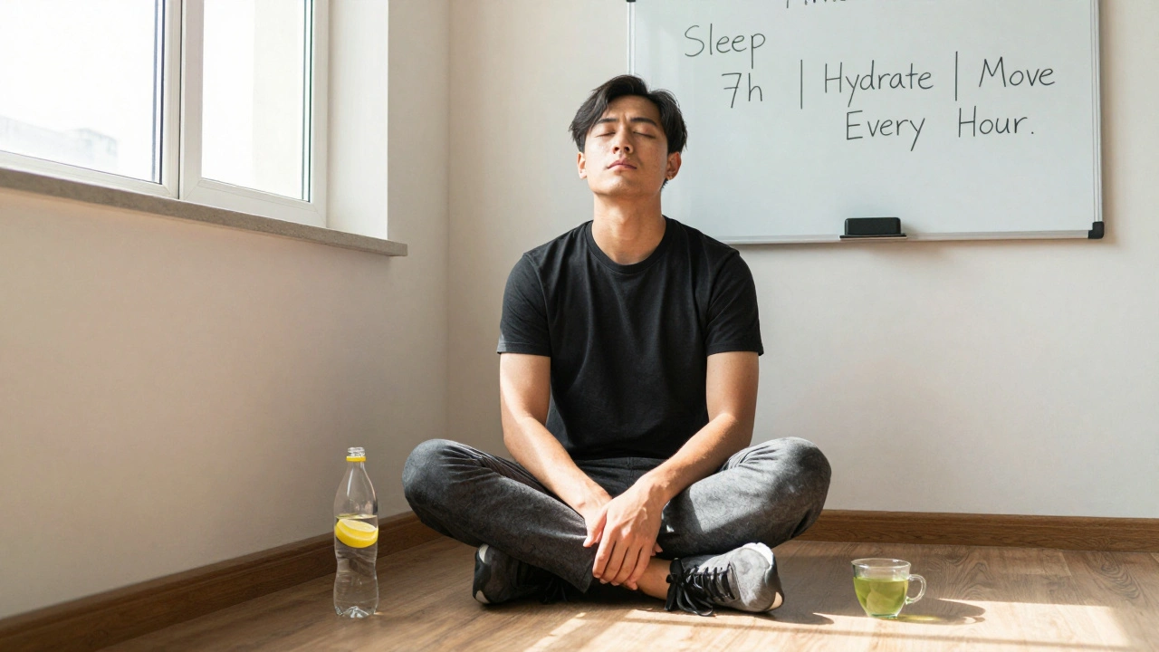 A gamer recovering with water and green tea, bathed in morning light, practicing healthy habits.