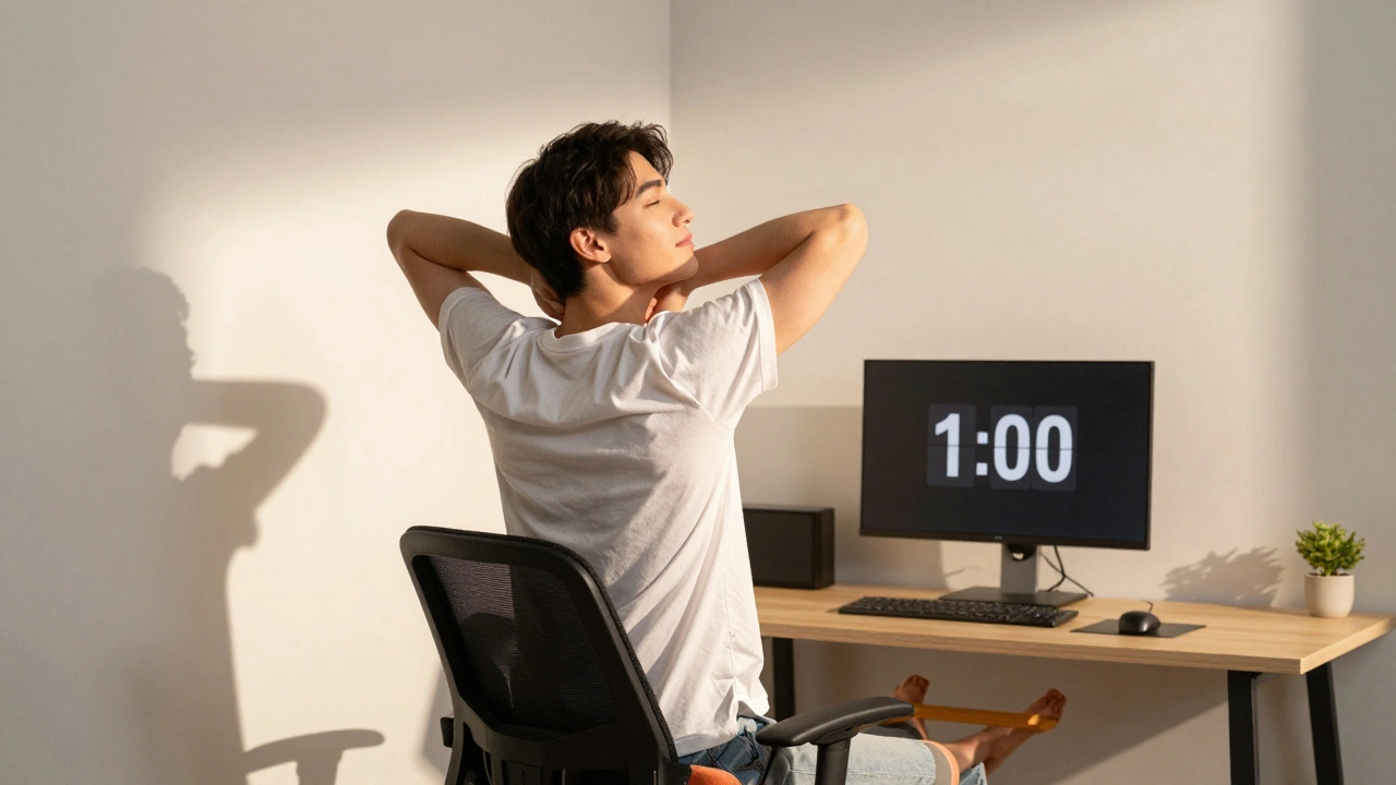 A gamer stretching after an hour of play, with proper posture setup: elevated monitor, footrest, and lumbar cushion in view.