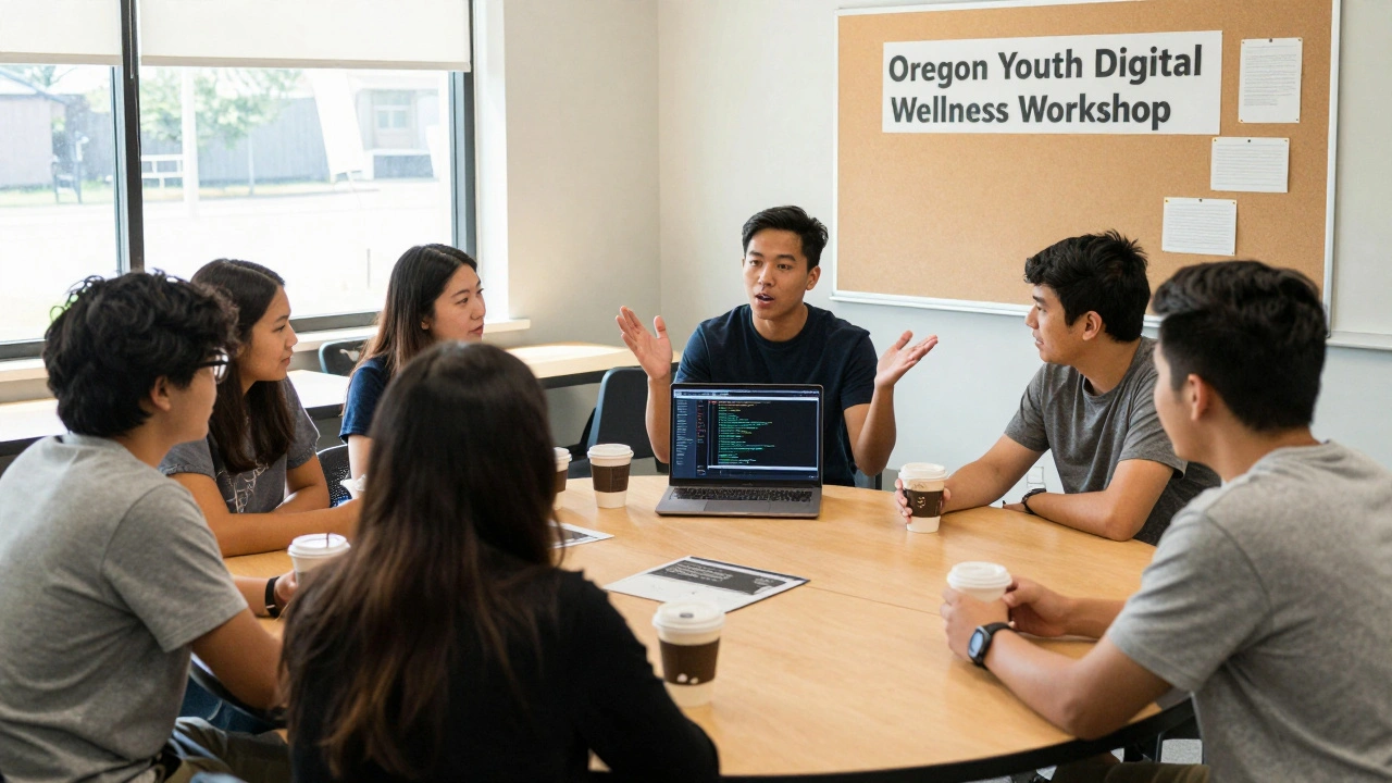 A group of teens and parents in a community center, chatting and sharing a coding project.