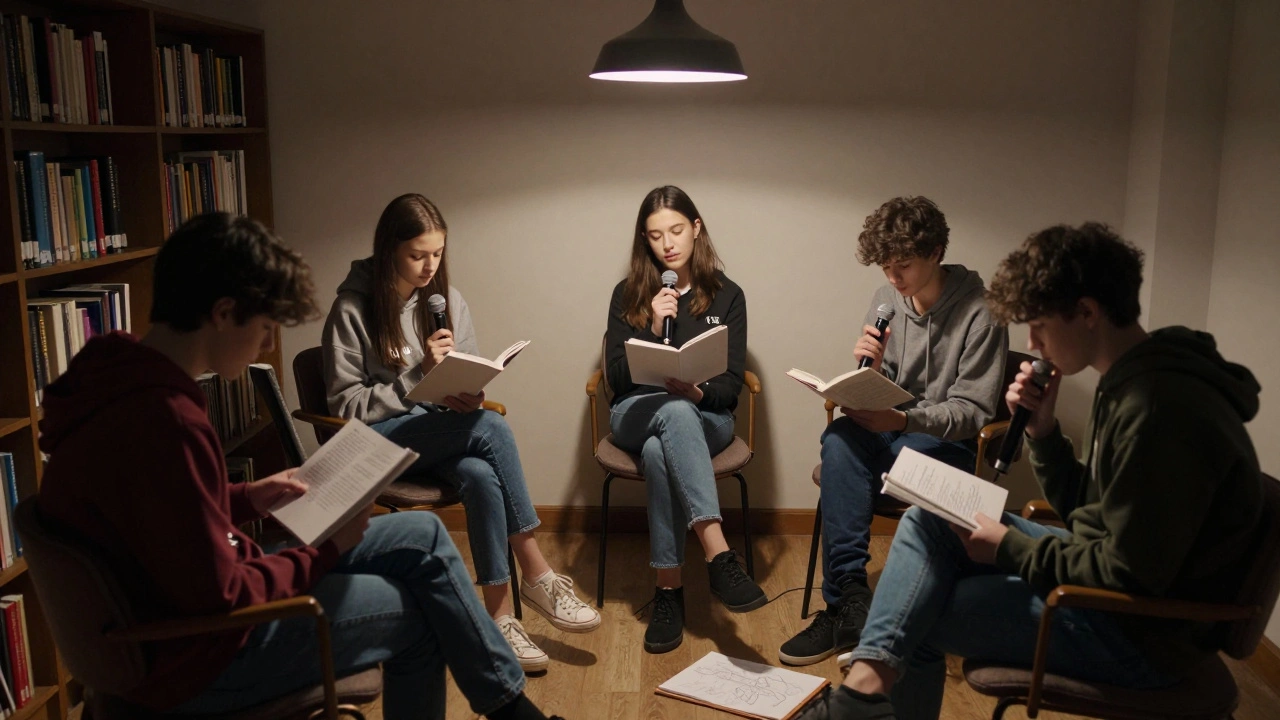 A group of teens sharing poetry in a circle under a warm library lamp.