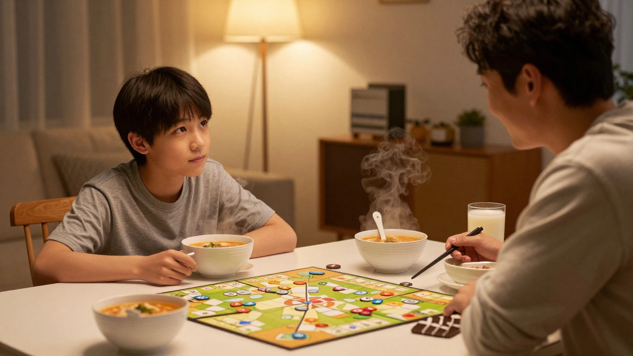 A parent and teen sharing a quiet dinner, playing a board game together with no screens in sight.