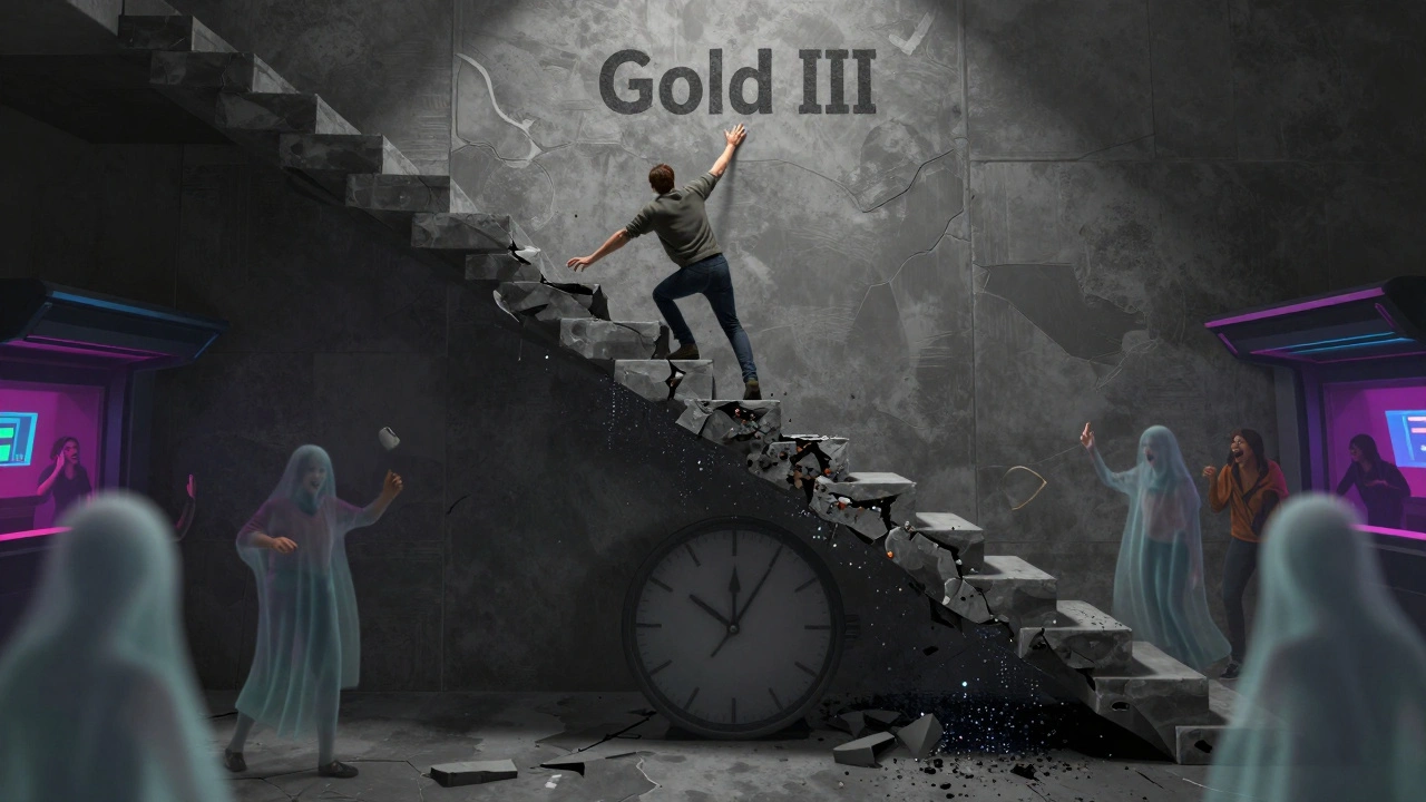 A person clings to a crumbling staircase labeled 'Gold III' as digital particles fall beneath them, watched by ghostly players below.