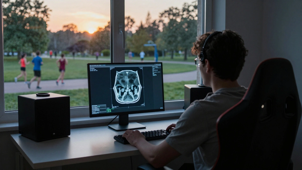 A person in a dark gaming room as dawn breaks outside, showing hope for recovery through natural rewards like exercise and social connection.