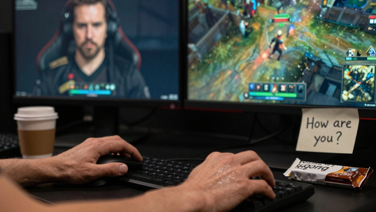 A pro gamer's hands on keyboard, reflection showing exhaustion, empty food wrapper on desk.