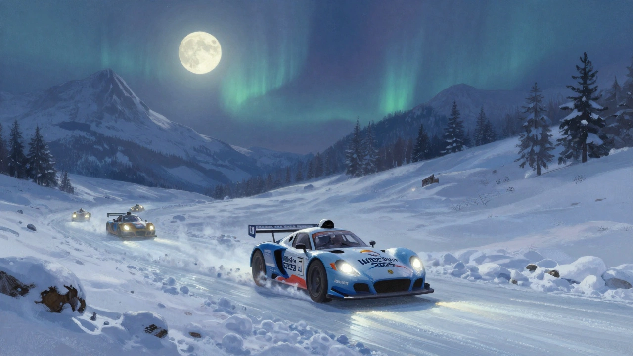 A snowy Alpine race track with a rare car crossing the finish line under moonlight.