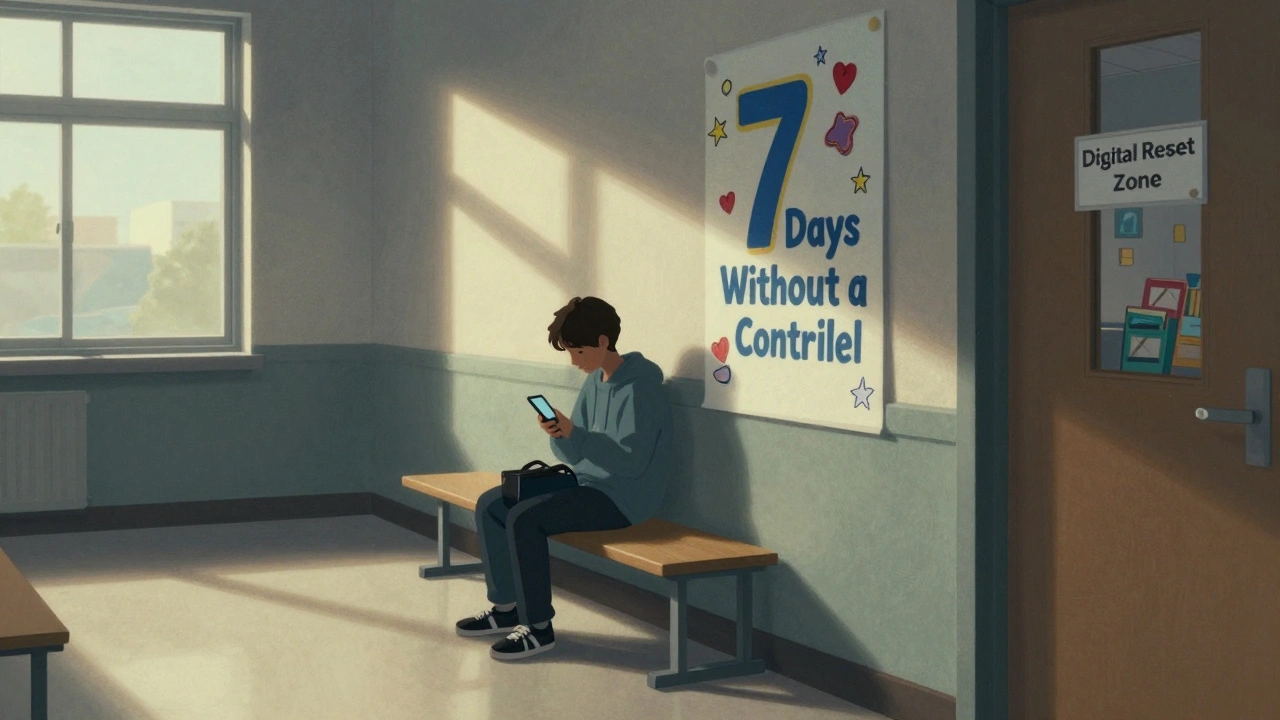 A student sits alone on a bench, staring at a blank phone, next to a poster about a screen-free challenge.