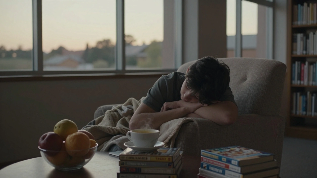 A teen resting quietly in a library armchair at dusk, no screens in sight.