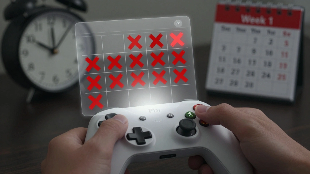 A trembling hand clicks 'Play' as a transparent calendar shows skipped days triggering rank decay on a badge.