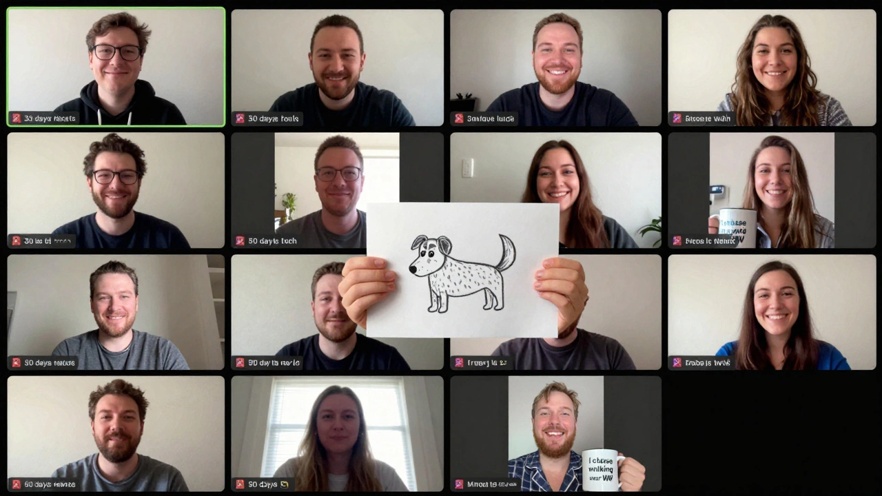 A virtual support group meeting with members displaying digital badges for recovery milestones.