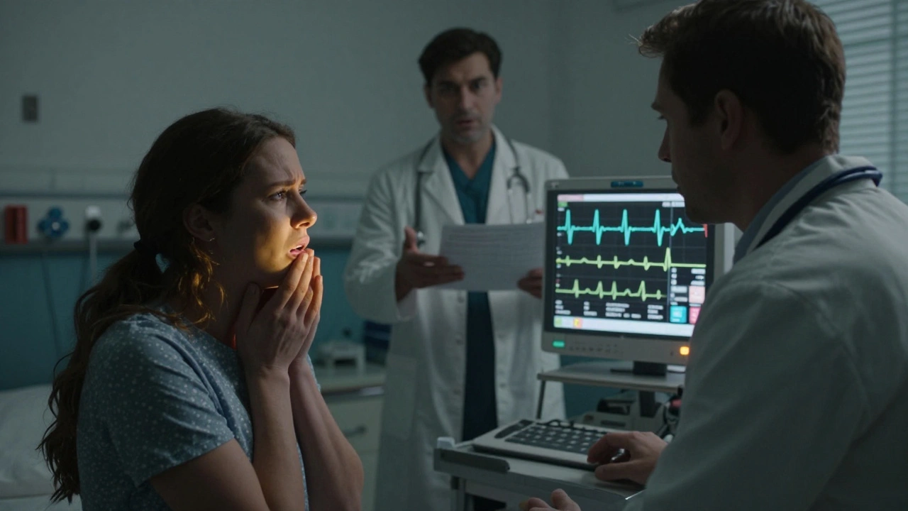 A woman in pain in an emergency room while a doctor ignores her symptoms, focusing on a heart monitor displaying only male-typical signs.