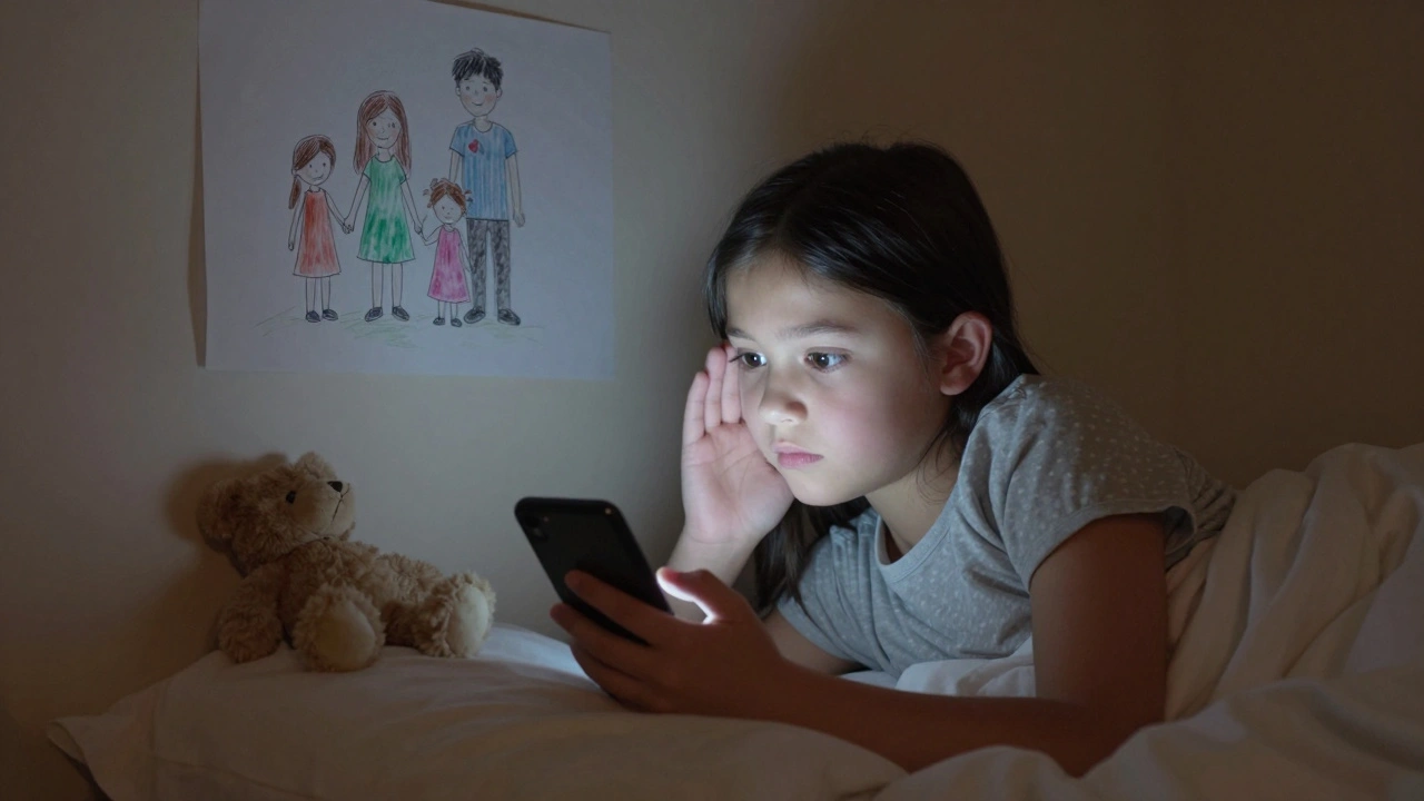 A young girl whispers to her phone in bed, screen light casting a lonely glow on her face.