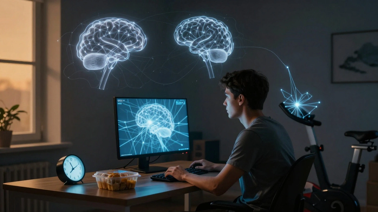 A young person gaming in a dark room, with faint translucent brain networks fading behind them, while exercise equipment glows in the corner.