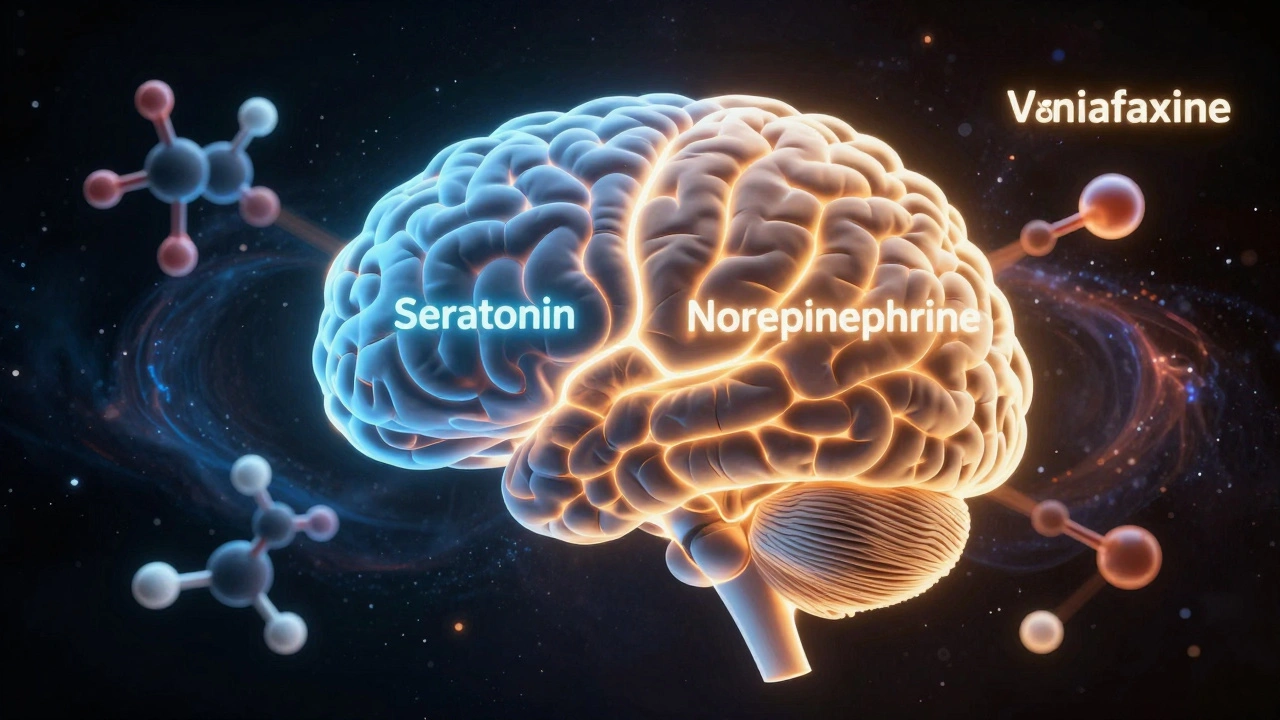 An abstract brain with glowing serotonin and norepinephrine pathways surrounded by molecular structures of antidepressant drugs.
