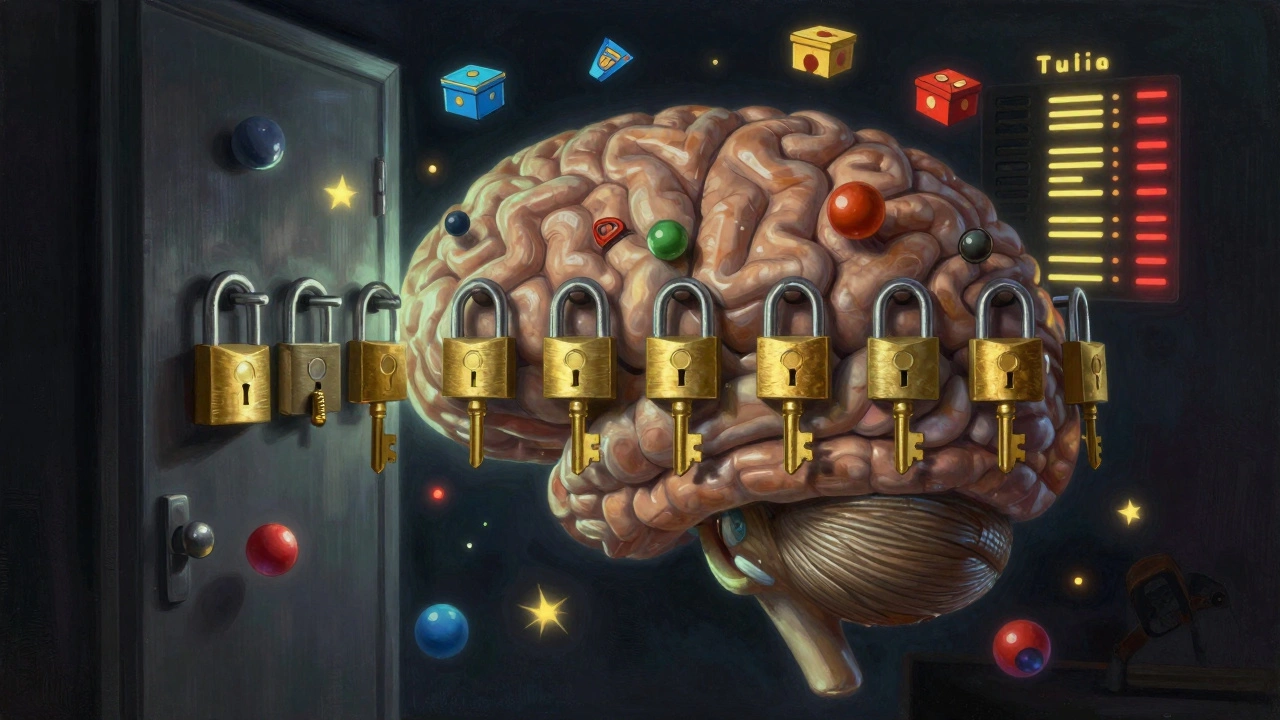 An abstract door with few functioning locks, symbolizing diminished dopamine reception, while game rewards flood the space behind it.