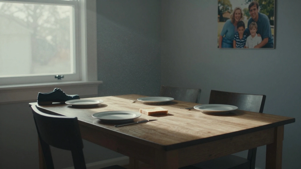 An empty dining table at dawn with one untouched plate, sunlight streaming in, evoking longing and quiet hope.