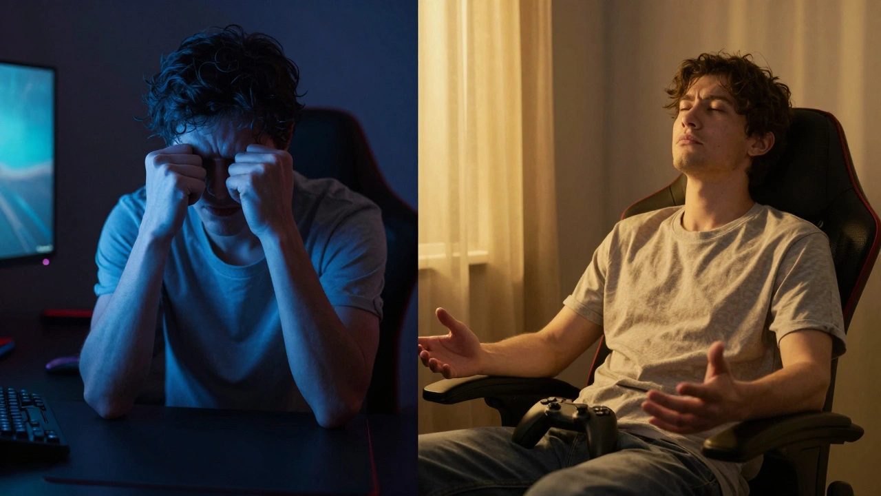 Contrasting images of a tense gamer versus a relaxed one, showing the shift from stress to awareness during gameplay.