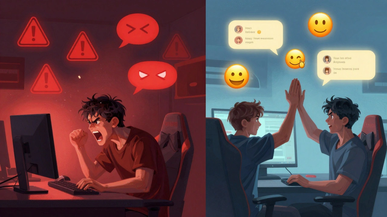 Contrasting scenes: toxic gaming chaos on one side, positive multiplayer support on the other.