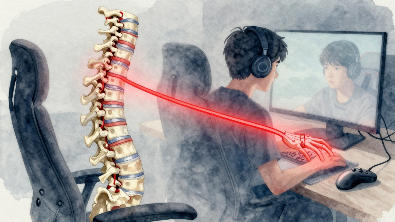 Cross-section of a spine showing healthy versus flattened cervical curve, surrounded by gaming gear and nerve compression lines.