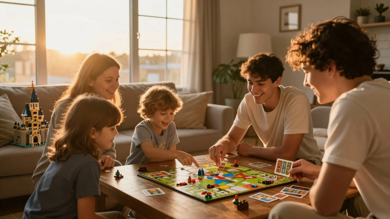 Family playing a board game together, smiling, no screens in sight.