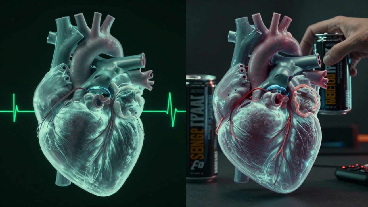 Medical illustration comparing a healthy heart to one damaged by excessive energy drink consumption.