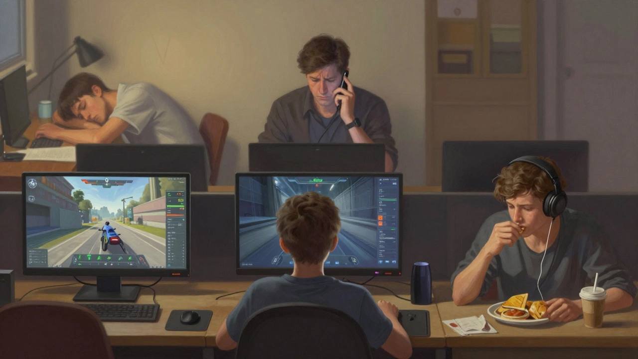 Three people immersed in FPS games while their real lives fall apart — school, work, and social connections ignored.