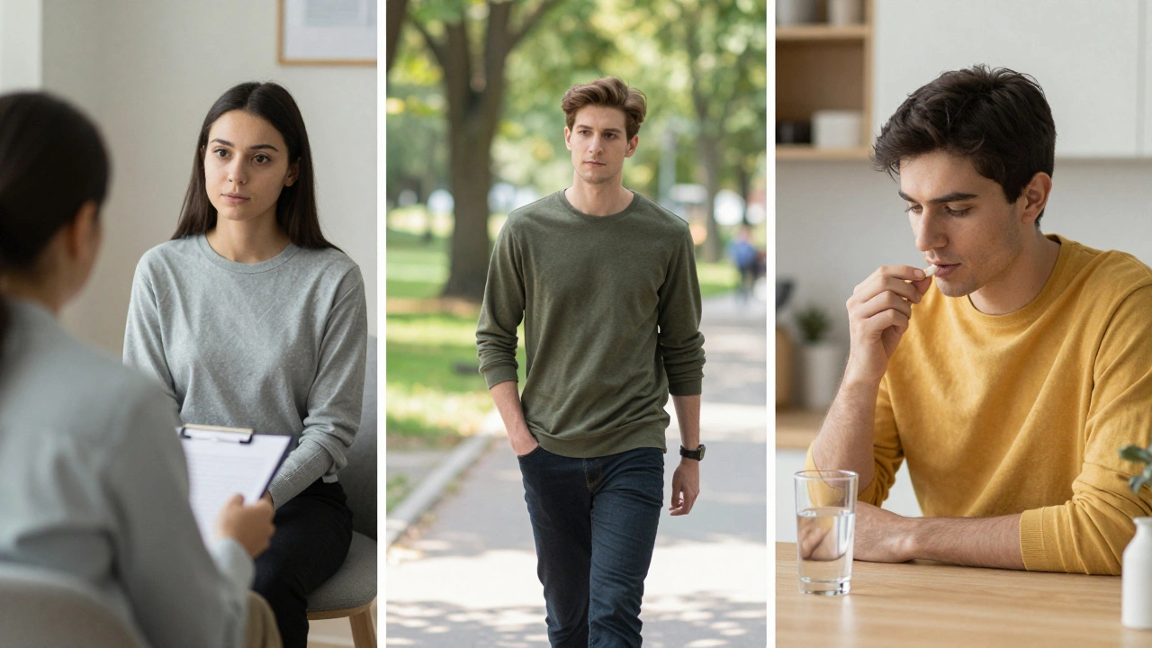 Three people in different settings representing antidepressant treatment paths: therapy, walking in nature, and taking medication.