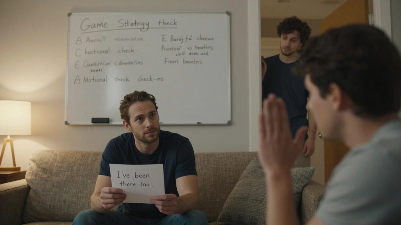 Two teammates facing each other, one holding a handwritten note, quiet moment of potential connection.