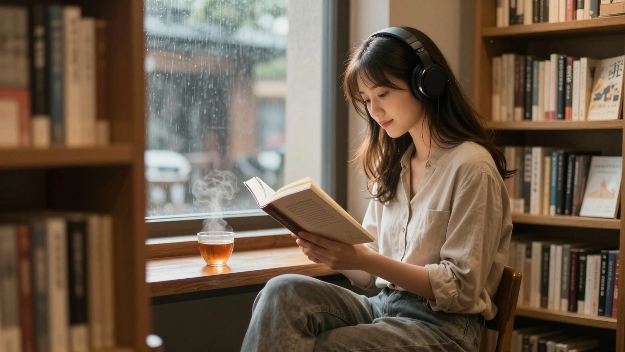 A former streamer reading peacefully in a quiet bookstore, no screens or alerts, bathed in warm afternoon light.