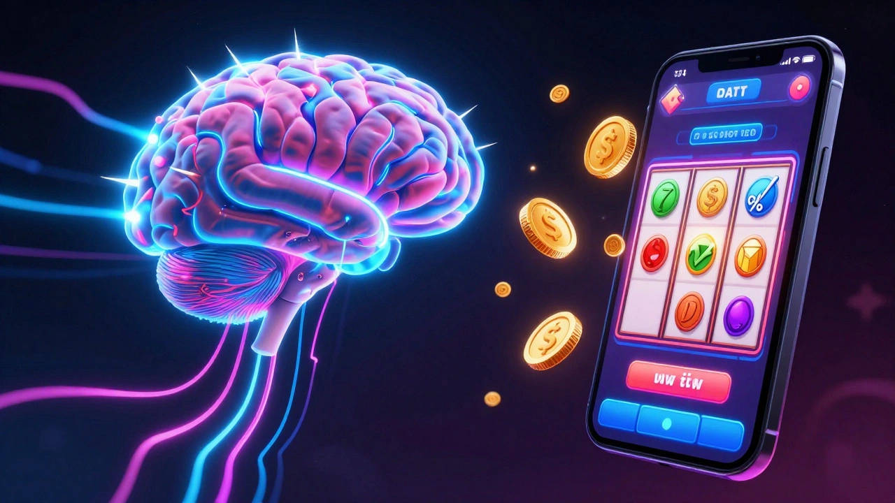 A glowing brain connected to a smartphone, with dopamine sparks and game rewards floating like slot machine icons.