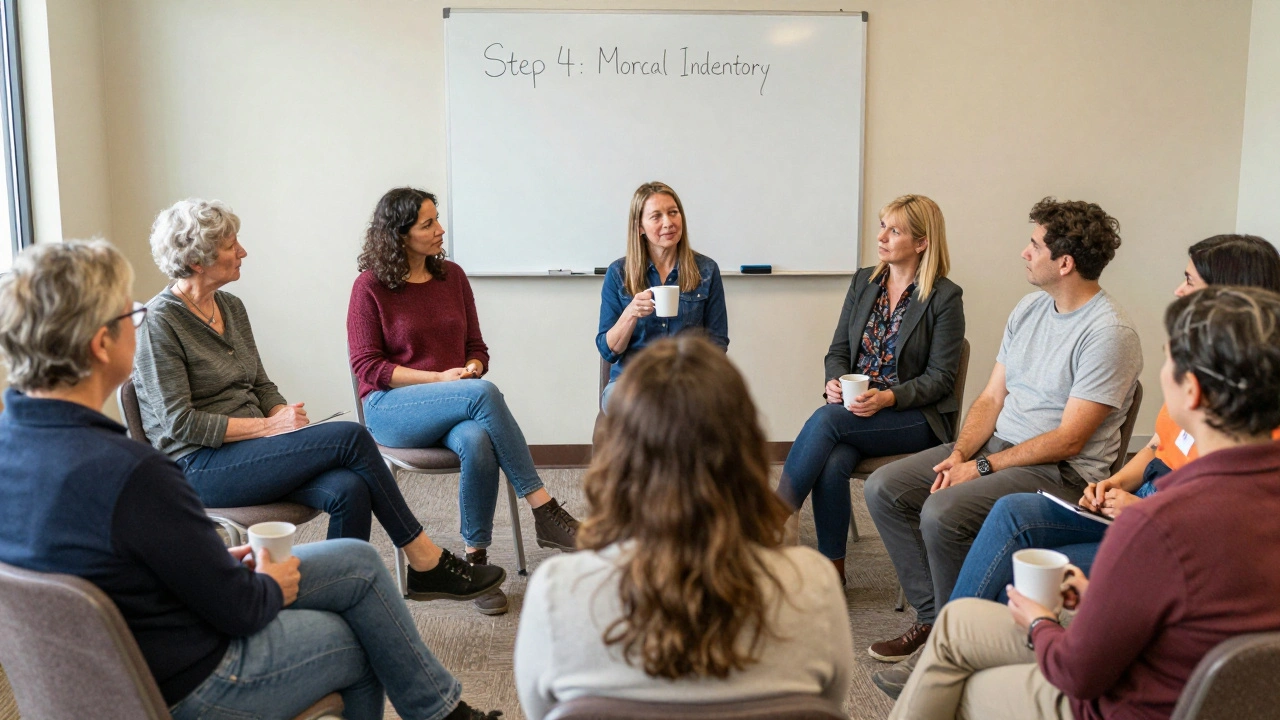 A group of diverse adults in a circle, sharing stories in a quiet, supportive meeting with coffee mugs.