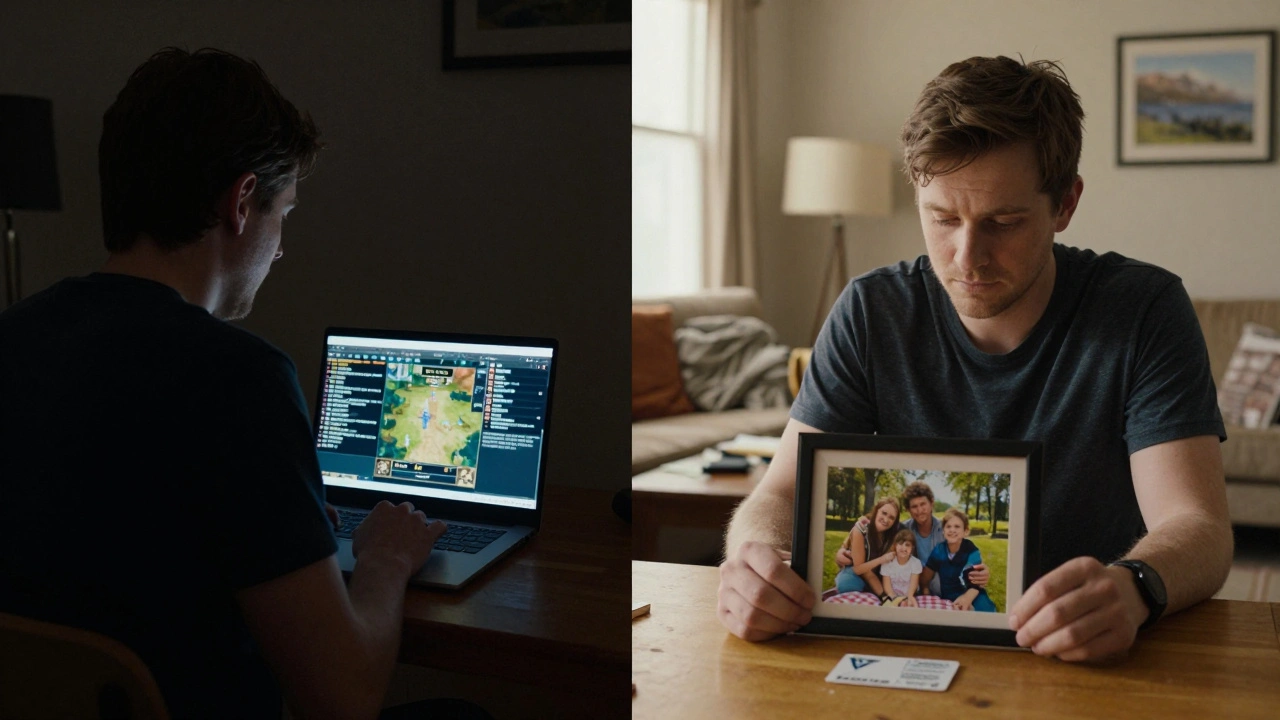 A man torn between his gaming screen and a faded family photo, symbolizing isolation versus connection.