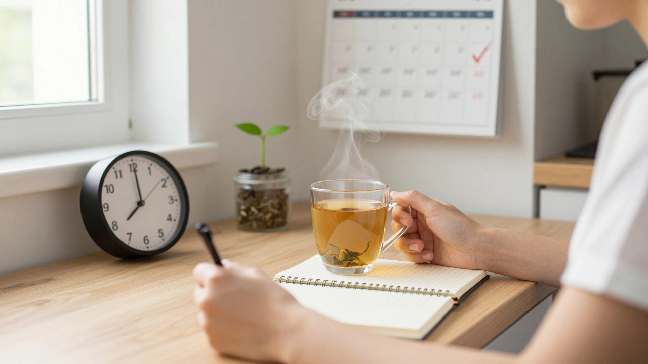 A person at a kitchen table with herbal tea and a journal, replacing gaming and drug habits with calm routines in morning light.