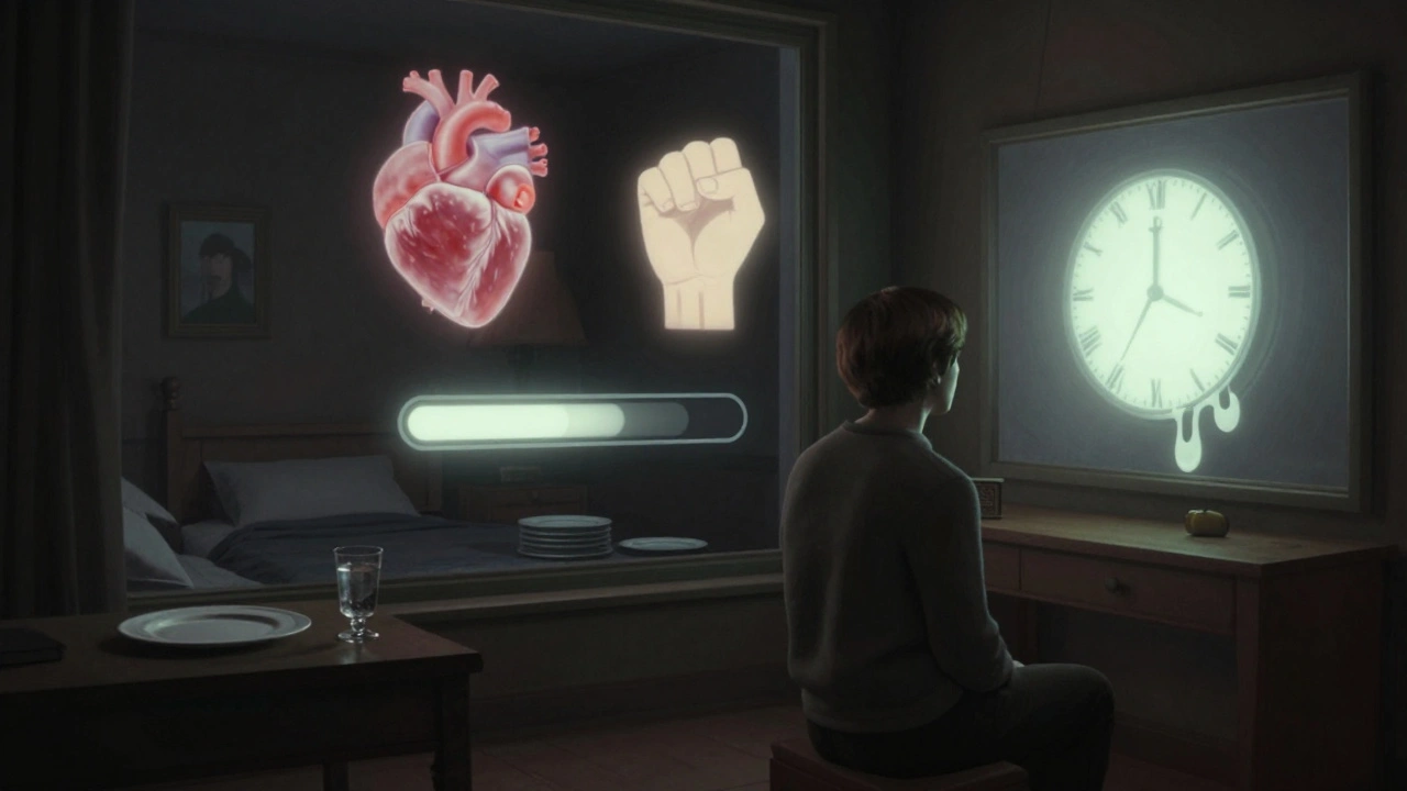 A person surrounded by floating symbols of bodily tension and game mechanics, while real-life needs fade into darkness in the background.