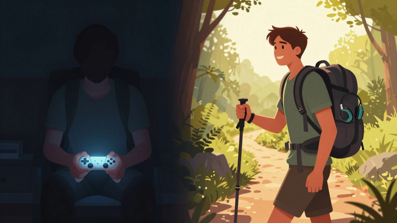 A person transitioning from isolation to recovery: one side shows loneliness with a game controller, the other shows them hiking in sunlight.