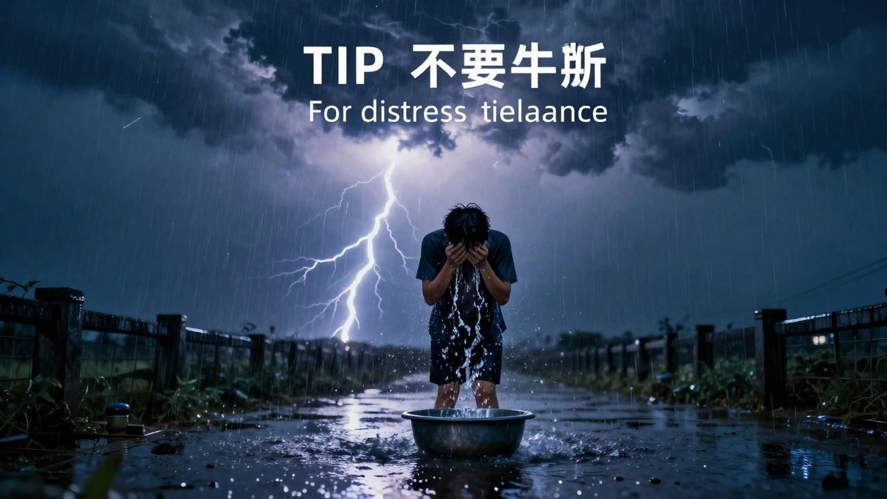 A person using cold water to manage emotional crisis amid stormy lightning.