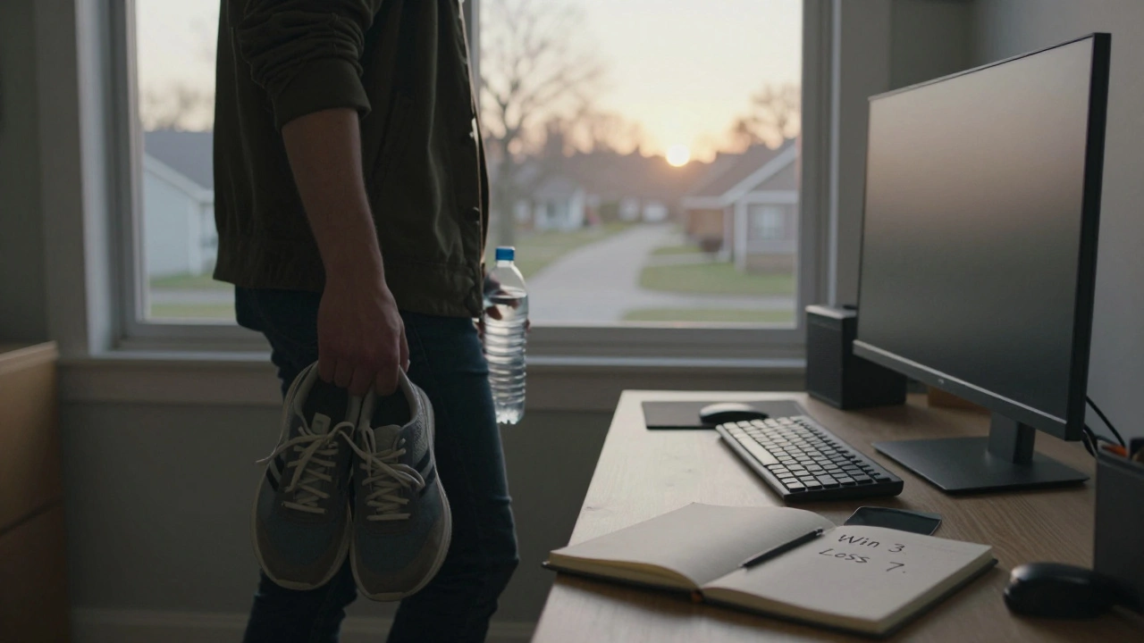 A person walks away from gaming setup at dawn, holding sneakers and water bottle, ready for a break.