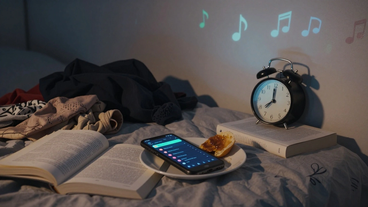 A phone showing a game streak on a messy bedroom floor at dawn, with a forgotten textbook and half-eaten food.