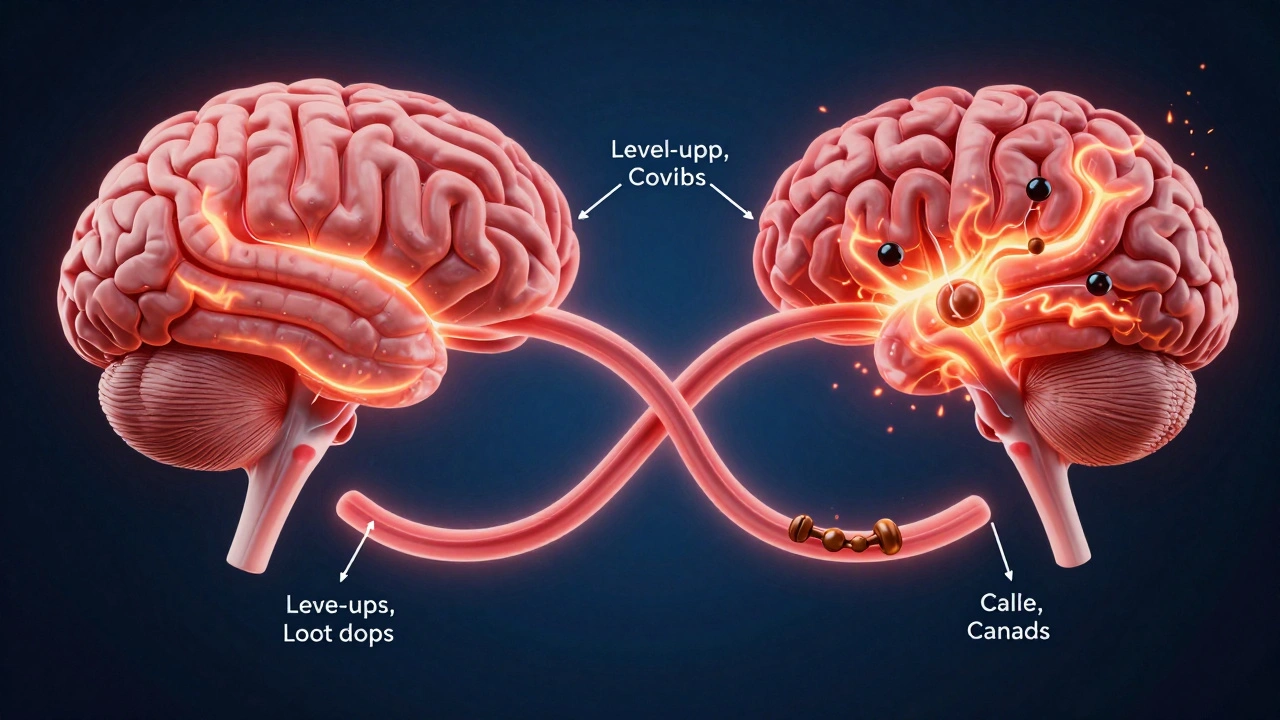 A scientific illustration of interconnected brain pathways showing dopamine surges from gaming and drugs forming a harmful feedback loop.