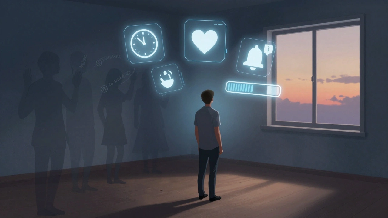 A solitary figure surrounded by floating digital icons of time, connection, and progress, with unseen friends calling from afar.