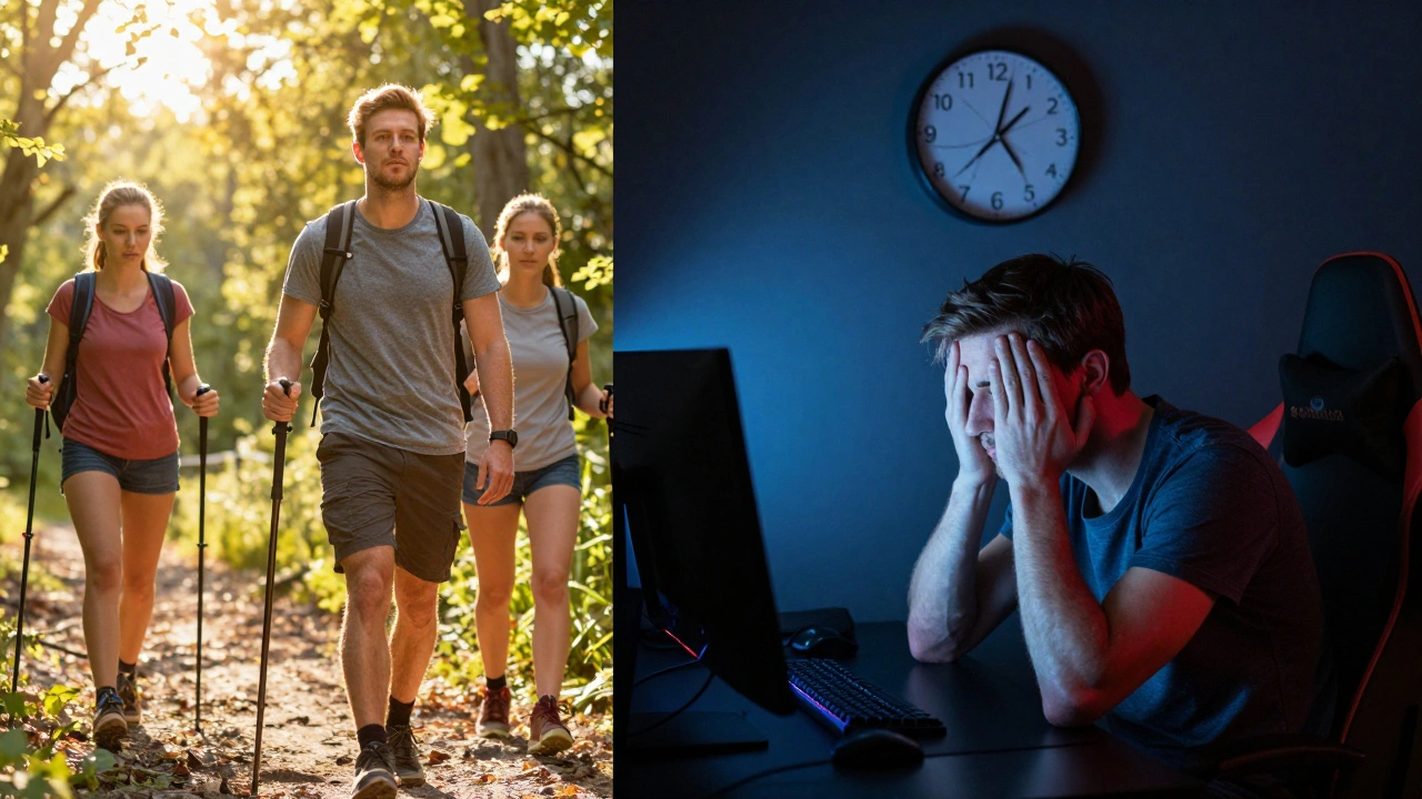 A split image showing a person enjoying outdoor life on one side and isolated gaming on the other, symbolizing lost connections.