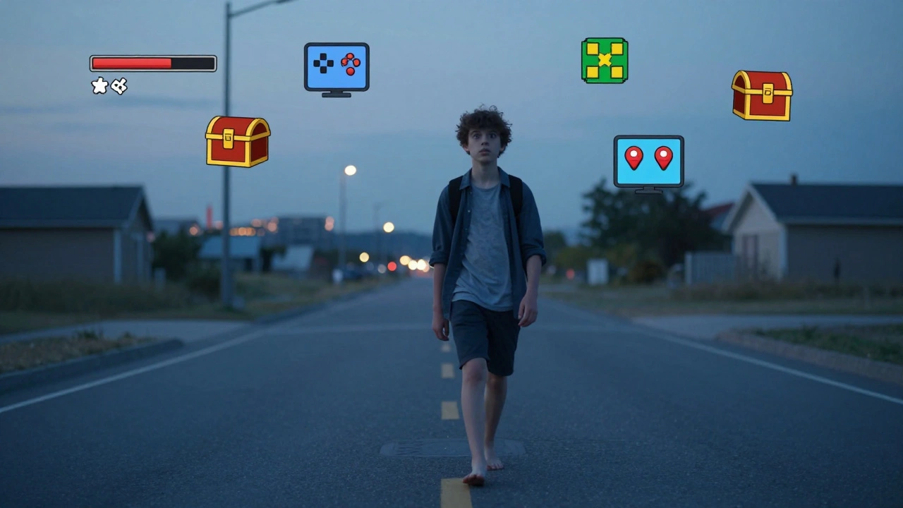 A teenager hallucinating while walking barefoot at dawn, surrounded by floating video game symbols in the air.